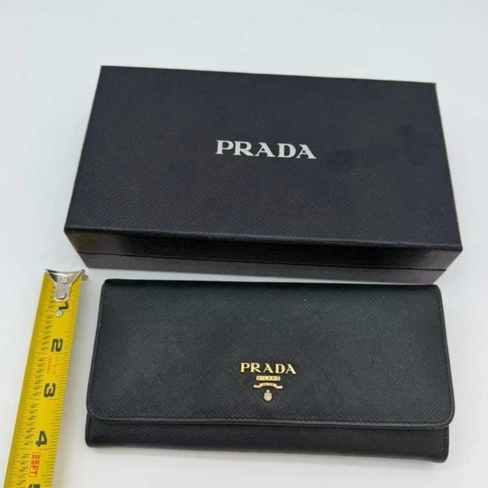 Authentic Prada Saffiano Black Continental Wallet Milano Gold Logo With Box - Picture 9 of 10